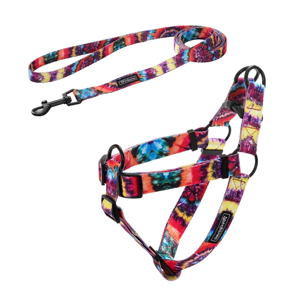 Welyeme Tie Dye No Pull Dog Harness and Leash Set for Small Medium Large Dogs, Rainbow Dog Harness