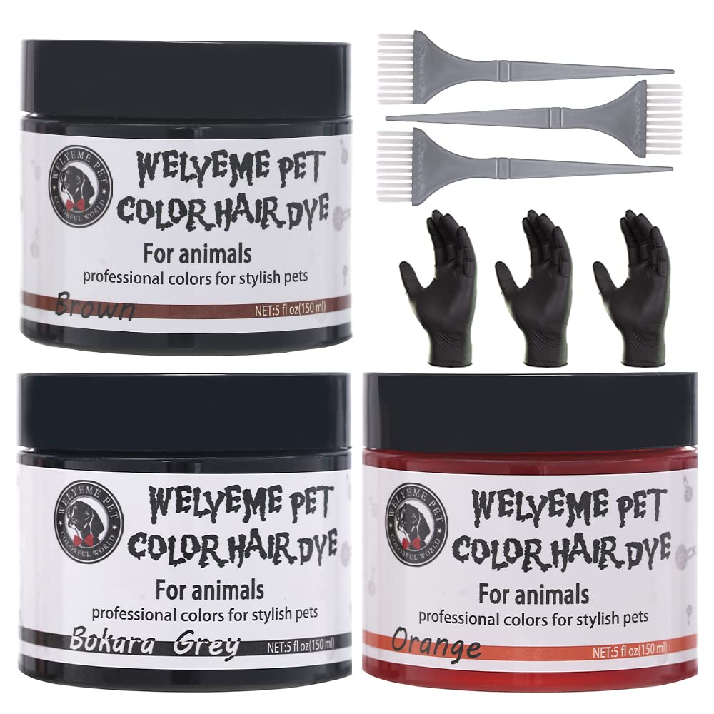 WELYEME Pet Hair Color - Permanent, Non-Toxic Dog Hair Dye - 3 Cans (5.07 oz Each) with 3 Brushes and Gloves (Black Orange Brown)
