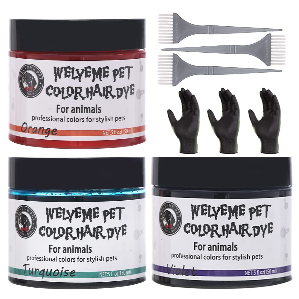 WELYEME Pet Hair Color - Permanent, Non-Toxic Dog Hair Dye - 3 Cans (5.07 oz Each) with 3 Brushes and Gloves (Black Orange Brown)