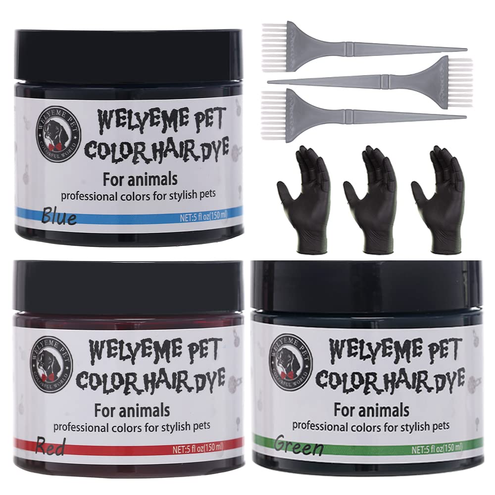 WELYEME Pet Hair Color - Permanent, Non-Toxic Dog Hair Dye - 3 Cans (5.07 oz Each) with 3 Brushes and Gloves (Black Orange Brown)