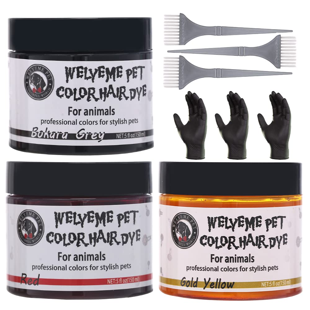 WELYEME Pet Hair Color - Permanent, Non-Toxic Dog Hair Dye - 3 Cans (5.07 oz Each) with 3 Brushes and Gloves (Black Orange Brown)